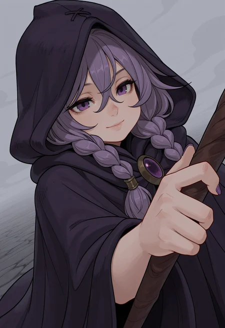 , masterpiece, best quality, absurdres, very aesthetic, highres, very awa,
1girl, face focus, twin braids, dutch angle,  light smile,  fog, holding mage staff, hood up, cloak, hand focus, dynamic pose, purple nails, hair between eyes,   <lora:o___8_ill:1>