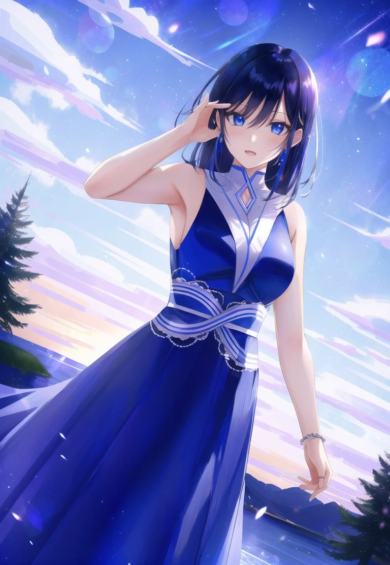 axsens, monster girl, incredibly absurdres, best quality, 8k wallpaper, highly intricate details, particle lighting, scenery, visual effects, looking at viewer, female character, 1girl, (trembling), breasts, _breasts_sizes_ranges, color316 hair, bangs, Hairstyles, eyes, wearing outfits2 and outfits3 with no jewelry or neckwear, (angle, basic_poses:1.2), outdoors and (sky