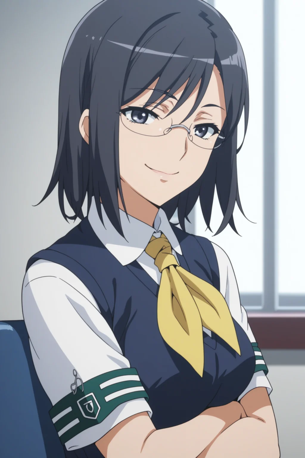 score_9, score_8_up, score_7_up, score_6_up, score_5_up, source_anime, rating_safe, smile, indoors, 1girl, solo, looking at viewer, <lora:age_slider_v4:2>, konori mii, black hair, short hair, black eyes, glasses, konorischool, school uniform, short sleeves, yellow neckerchief, white shirt, collared shirt, armband, blue sweater vest, untucked sweater, grey skirt, pleated skirt, white socks, loafers, <lora:Mii_Konori:0.8>, half closed eyes, (upper body:1.2)
