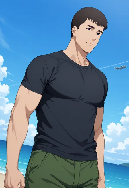 perfect anatomy, perfect proportions, best quality, masterpiece, high_resolution, high quality, best aesthetic, incredibly absurdres, highres, extremely detailed, huge filesize, solo male, adult, mature, masculine, manly, handsome, charming, alluring, standing, upper body, dutch angle, cowboy shot, perfect face, source_anime \(Brave Bang Bravern\), anime coloring \(Brave Bang Bravern\), BBBSatake, Ryuji Satake \(Brave Bang Bravern\), black hair, short hair, black eyes, BBBSatake_outfit02, black t-shirt, untucked shirt, green pants, short sleeves, on flight deck of aircraft carrier, ocean, blue sky, outdoor
