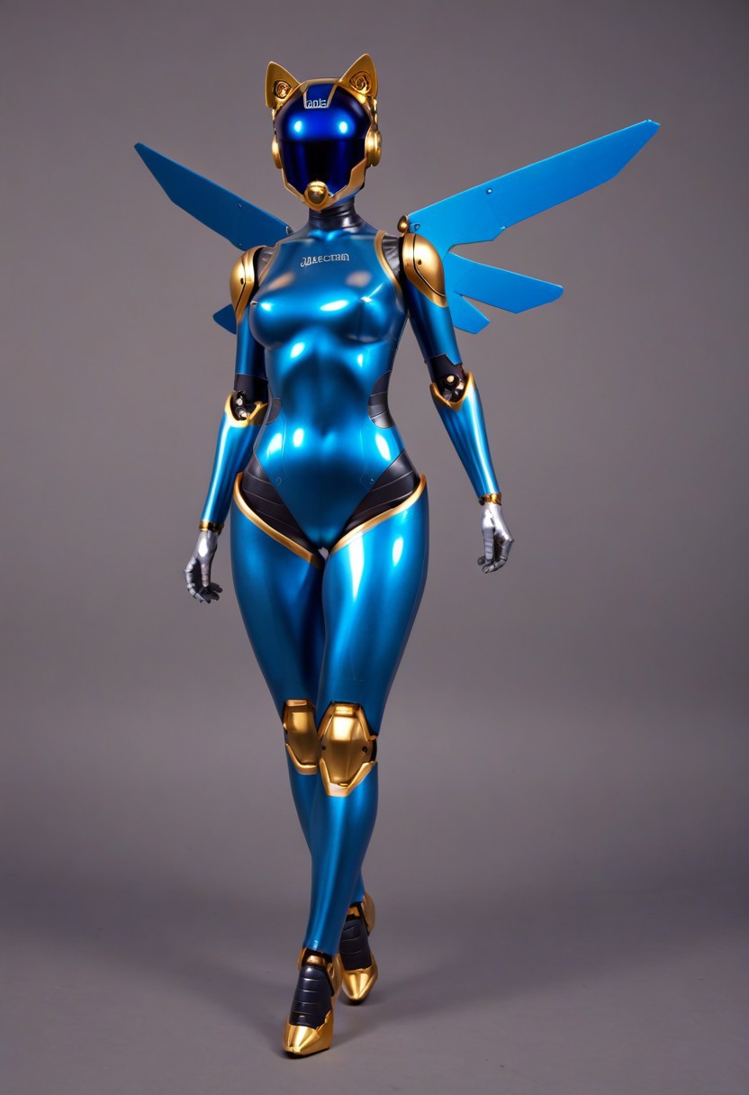 solo, A 35mm full length photo of  a beautiful 20 year old woman, she is a humanoid robot , robotic body, freckles, smooth featureless grey robotic skin, robotic aerials, metallic dark blue hair, elegant metallic blue latex bodysuit with gold trim, catlike robotic ears, catlike robotic nose, catlike robotic eyes, Robotic airplane syle wings, flying through a cinematic sky
TheFaceLess,