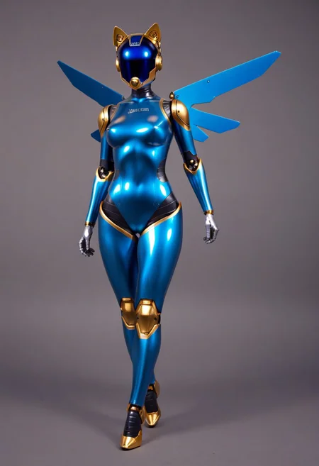 solo, A 35mm full length photo of a beautiful 20 year old woman, she is a humanoid robot , robotic body, freckles, smooth featureless grey robotic skin, robotic aerials, metallic dark blue hair, elegant metallic blue latex bodysuit with gold trim, catlike robotic ears, catlike robotic nose, catlike robotic eyes, Robotic airplane syle wings, flying through a cinematic sky
TheFaceLess,