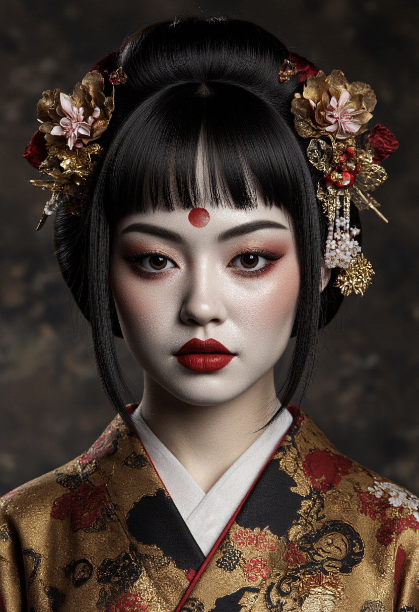 highly detailed, hyper-realistic CGI rendering of a young Japanese woman with an enigmatic expression. Her skin is pale, with a slightly ashen hue, and she has striking, dark, almond-shaped eyes with a slight reddish tint, which adds to her mysterious aura. Her face is adorned with intricate red and black makeup, including a prominent red crescent moon symbol on her forehead, suggesting a connection to traditional Japanese mythology. Her hair is dark and straight, styled in a traditional manner with ornate red and gold hairpins, and adorned with delicate cherry blossom flowers, adding a touch of elegance and symbolism.She is wearing a traditional Japanese kimono with a rich, patterned design in shades of gold, red, and black, which adds to the cultural authenticity of the image. The fabric of the kimono has a textured, slightly rough feel, contrasting with the smooth, almost porcelain-like texture of her skin. The background is blurred, focusing attention on her face, and is a mix of dark and muted tones, suggesting an indoor setting with dim lighting. The overall style of the image is highly detailed and realistic, capturing the essence of traditional Japanese aesthetics and mythology.,aidmaimageupgrader, aidmaMJ6.1 <lora:aidmaImageUprader-FLUX-v0.3:0.4> <lora:aidmaMJ6.1-FLUX-v0.5:0.7>