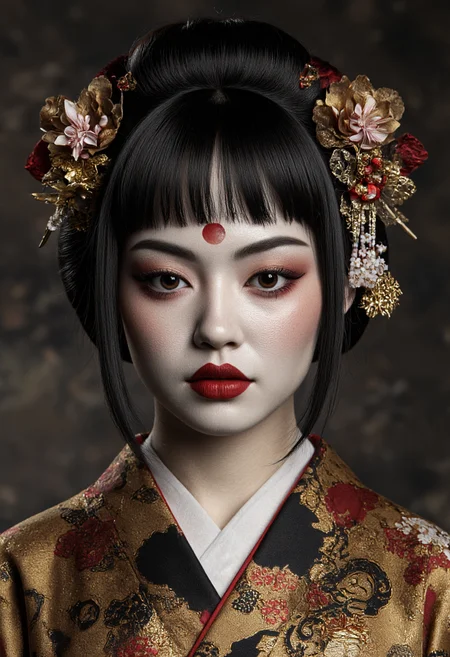 highly detailed, hyper-realistic CGI rendering of a young Japanese woman with an enigmatic expression. Her skin is pale, with a slightly ashen hue, and she has striking, dark, almond-shaped eyes with a slight reddish tint, which adds to her mysterious aura. Her face is adorned with intricate red and black makeup, including a prominent red crescent moon symbol on her forehead, suggesting a connection to traditional Japanese mythology. Her hair is dark and straight, styled in a traditional manner with ornate red and gold hairpins, and adorned with delicate cherry blossom flowers, adding a touch of elegance and symbolism.She is wearing a traditional Japanese kimono with a rich, patterned design in shades of gold, red, and black, which adds to the cultural authenticity of the image. The fabric of the kimono has a textured, slightly rough feel, contrasting with the smooth, almost porcelain-like texture of her skin. The background is blurred, focusing attention on her face, and is a mix of dark and muted tones, suggesting an indoor setting with dim lighting. The overall style of the image is highly detailed and realistic, capturing the essence of traditional Japanese aesthetics and mythology.,aidmaimageupgrader, aidmaMJ6.1 <lora:aidmaImageUprader-FLUX-v0.3:0.4> <lora:aidmaMJ6.1-FLUX-v0.5:0.7>