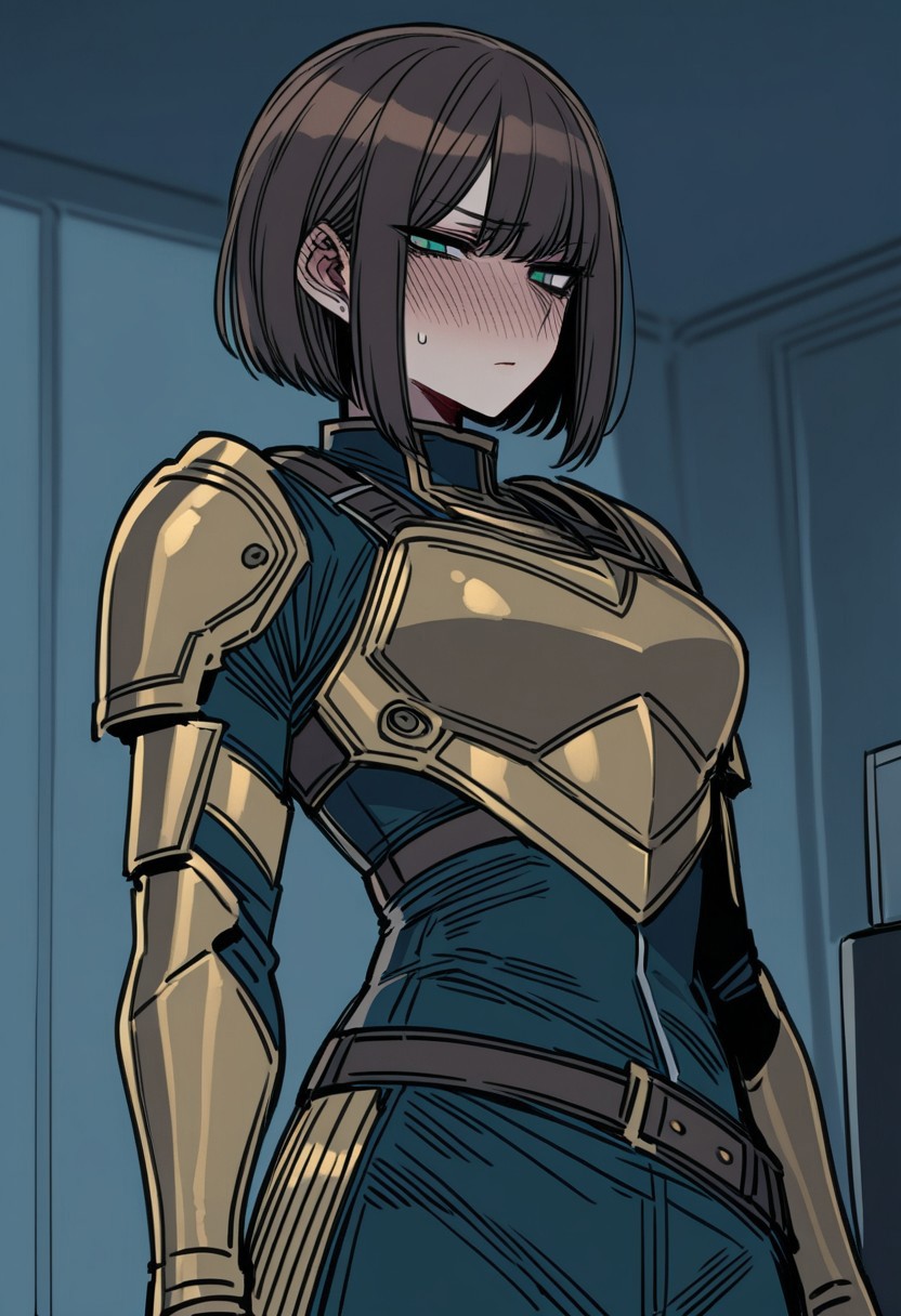 ratatatat74, 1girl, adult, tall girl, (short hair, dark dark brown hair), side-swept hair, straight hair, mature, highly detailed, high quality, detailed face, jade green eyes
BREAK
yellow chrome armor, light armed, breast plate, sword belt
BREAK 
shame, blush, look down
BREAK 
indoors, living room, lamp in background