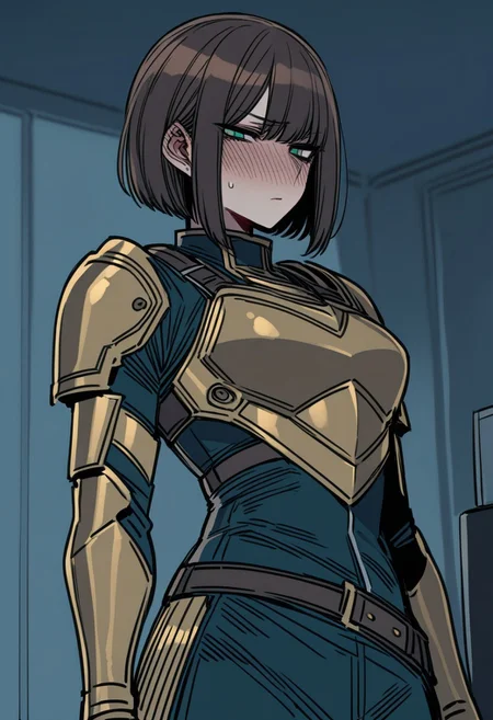 ratatatat74, 1girl, adult, tall girl, (short hair, dark dark brown hair), side-swept hair, straight hair, mature, highly detailed, high quality, detailed face, jade green eyes
BREAK
yellow chrome armor, light armed, breast plate, sword belt
BREAK
shame, blush, look down
BREAK
indoors, living room, lamp in background