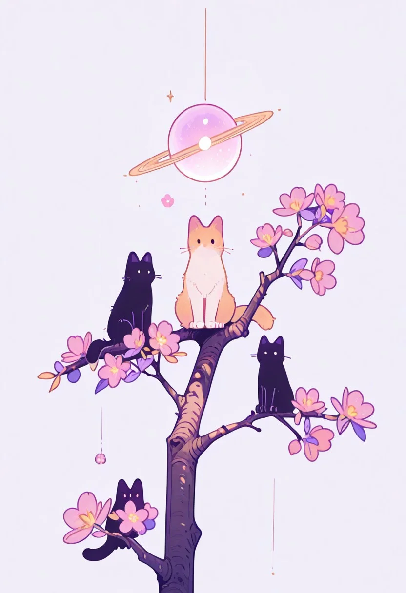 masterpiece, best quality, absurdres, cats sitting on a tree branch, facing each other in an intimate and harmonious pose. The left cat is black, while the right cat is white, creating a striking contrast. They are surrounded by delicate, blooming branches with small flowers, adding a serene and romantic atmosphere. The background is softly blurred, focusing the viewer's attention on the cats and their interaction. The lighting is soft, emphasizing the texture of their fur and the gentle ambiance of the scene. pink heart in front of them, white sphere in the background, h4ra_illu, momosp