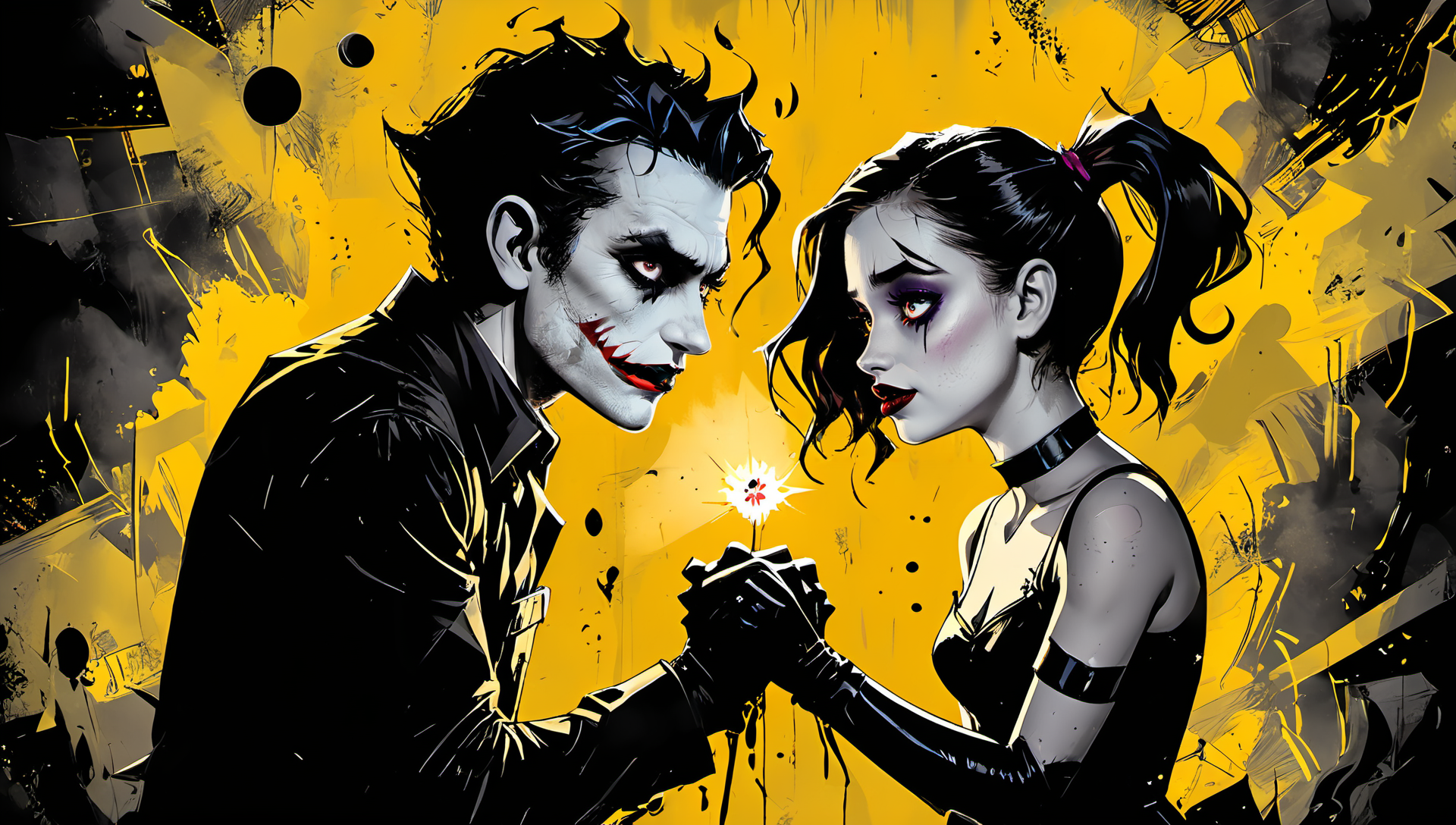 bold artwork,creative use of shadows and textures to create an image using negative space,masterful use of limited colors to create an image of bold contrasts,inventive and whimsical use of camera angles to give new perspective to illustration,"the joker and harley quinn holding hands",1boy,1girl,<lora:Dark_Novel:0.8>,, glow effects, godrays, Hand drawn, render, 8k, octane render, cinema 4d, blender, dark, atmospheric 8k ultra detailed, cinematic, Sharp focus, big depth of field, Masterpiece, 3d octane render, 8k, concept art, trending on artstation, hyperrealistic, extremely detailed CG unity 8k wallpaper, trending on CGSociety, Intricate, High Detail, dramatic