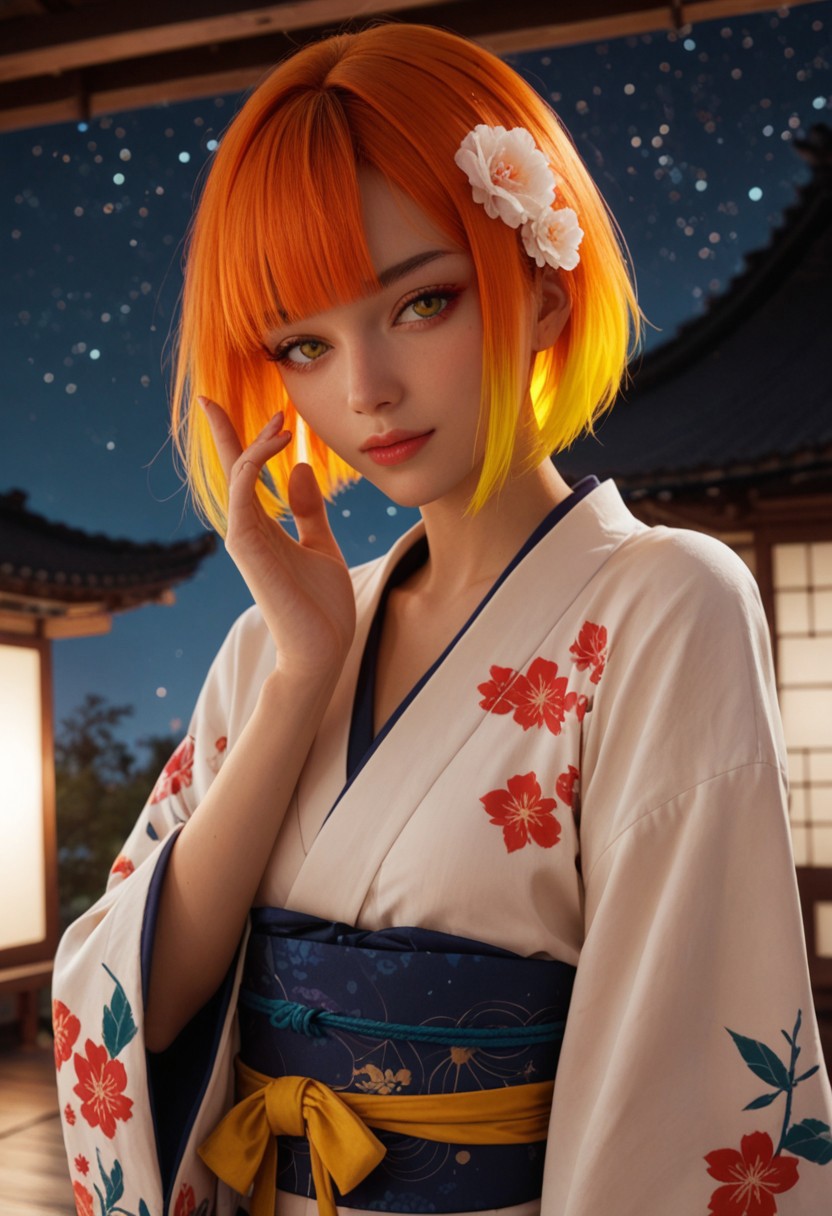score_9_up, score_8_up, score_7_up, score_6_up, 1girl, 25 years old, perfect face, (adult), sexy,
yellow eyes, 
short hair, bob cut, multicolored hair,  colored inner hair, orange hair, blunt bangs, sidelocks, hair ornament, 
kimono, Japanese architecture, 
starry sky, night, hand up, 
(cowboy shot),