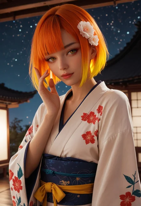 score_9_up, score_8_up, score_7_up, score_6_up, 1girl, 25 years old, perfect face, (adult), sexy,
yellow eyes,
short hair, bob cut, multicolored hair, colored inner hair, orange hair, blunt bangs, sidelocks, hair ornament,
kimono, Japanese architecture,
starry sky, night, hand up,
(cowboy shot),