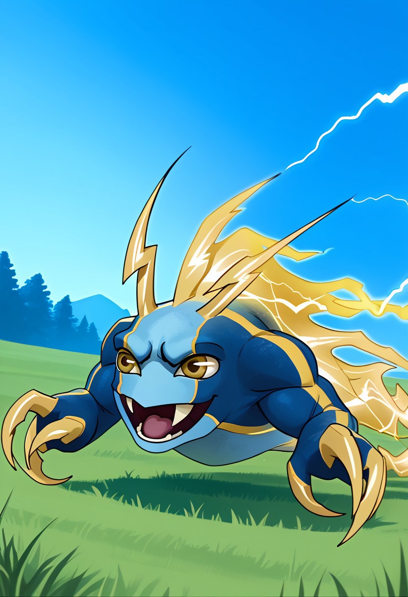 BREAK score_9, score_8_up, score_7_up, source_cartoon, Joules_Tazerlings, ray-shaped antennae, yellow rays, yellow eyes, two-tone skin, light blue-blue, light blue chest, yellow claws, tail of electricity, grass, smile, (creativity:1.3), outdoors,
