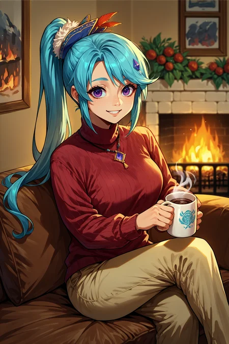 score_9, score_8_up, score_7_up, score_6_up, source_anime, 1girl, solo, <lora:hyrulelana-pdxl-nvwls-v1-000005:1> hyLna, cyan hair, high ponytail, hair ornament, purple eyes, red sweater, beige pants, sitting, couch, holding mug of coffee, smile, fireplace