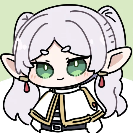 chibi,1girl,frieren,green eyes,grey hair,twintails,pointy ears,eyebrows,white capelet,long sleeves,earrings,striped shirt,arms behind back,smile,upper body,looking at viewer,solo,simple background,white background,
<lora:Oldstore_noob_4:1>,
