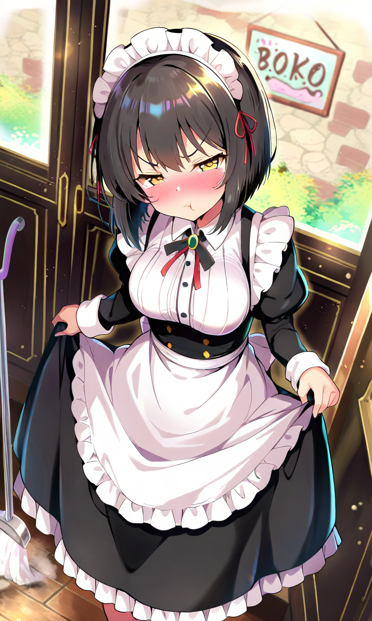 solo, 1girl, medium breasts, angry, embarrased, pout, blush, black hair, short hair, yellow eyes, half-closed eyes, BREAK maid outfit, long dress, BREAK maid cafe, cleaning, looking at viewer, angle view, focus female, BREAK ((ultra-detailed)), ((best quality)), ((beautiful eyes)), ((extremely detailed)), 4K, (8K), best quality, (beautiful), Master piece, highres, best quality, official art, highres, masterpiece, detailed background, high quality background