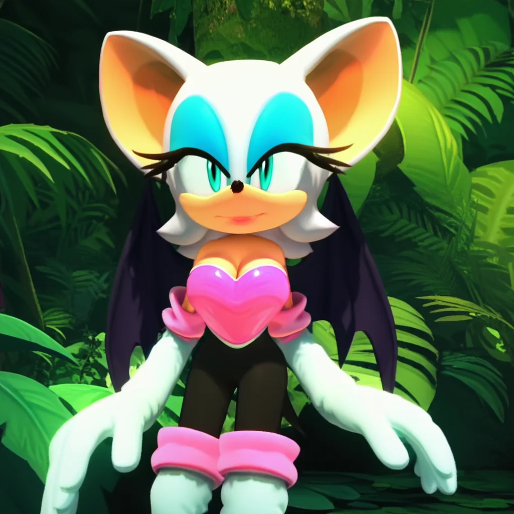 Score_9, score_8_up, score_7_up, score_6_up, screencap, rouge_tb_2006, blue eyeshadow, eyelashes, bat wings, cleavage, heart-shaped pink breastplate, black leotard, elbow gloves, thigh boots, looking at viewer, smile, outdoors, jungle