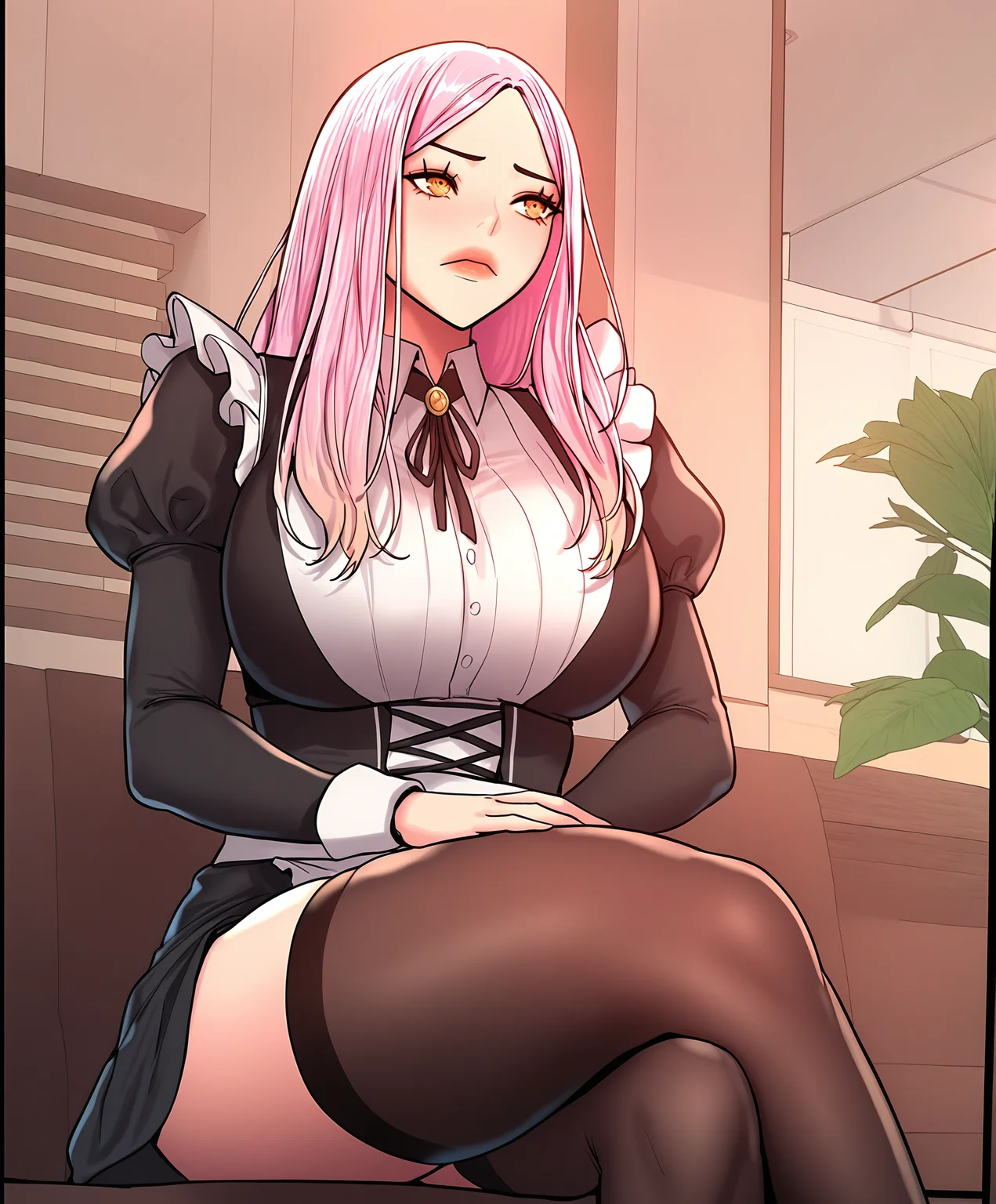 masterpiece,best quality,newest,absurdres,highres,<lora:noobai_ep11_stabilizer_v0.138_fp16:1>,kim ran,pink hair,<lora:Kim Ran_3:1>,crossed legs,maid,thighhighs,