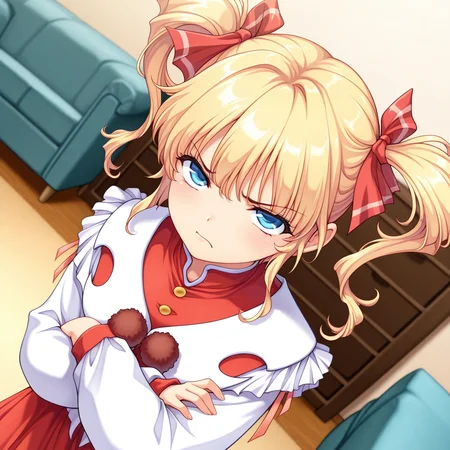 1girl,solo,<lora:IL_ootori_sisters:1>,z_siki,ootori akane,
blonde hair,red hair ribbon,blue eyes,twintails,red dress,long sleeves,pom-pom,bow,red skirt,
dutch angle,looking at viewer,living room,upper body,crossed arms,displeased,looking up,upturned eyes,looking at viewer,, masterpiece,best quality,amazing quality,uncensored
