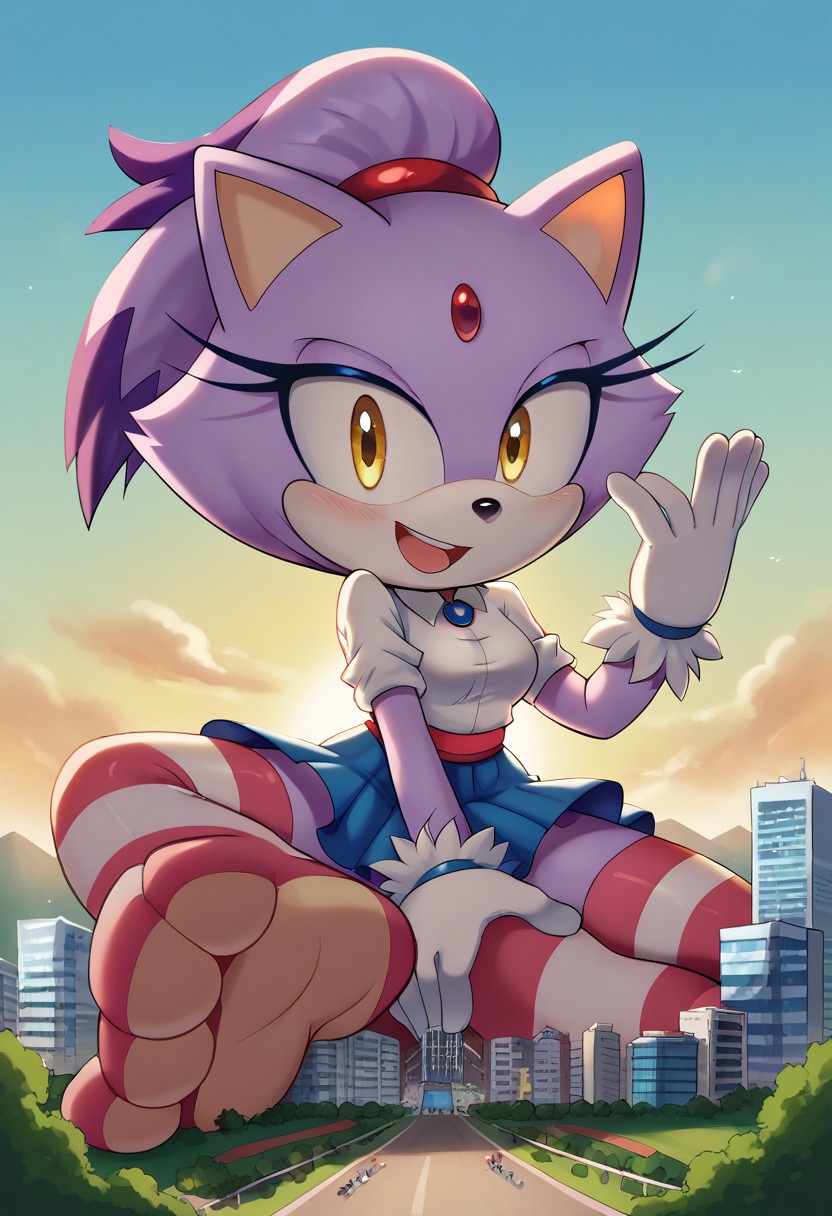 score_9, score_8_up, score_7_up, score_6_up, flat color, 1girl, solo, gloves, <lora:JensDrawings v2:1> j3n, <lora:Blaze the Cat PONYXL:0.8> blaze the cat, forehead jewel, yellow eyes, tail, topknot, purple fur, white gloves, fur trimmed gloves, white shirt, blue brooch, blue skirt, multicolored stripes thighhighs, standing, smile, vary low angle, ((macro)), ((giantess)), outdoors, ((sunshine)), ((sunny day)), ((bright light)), in the city, full body, natural round breasts, perfect face, focus on furry, shy face, wide hips, cleavage crease, (sexy perfect face), looking down at viewer, sexy, highly detailed, (cute girl), Expressiveh, perfect eyes, ((medium breasts)), long legs,giant feet, (shrunken city :1.3), (shrunken cityscape:1.3), landscape, masturbation, orgasm face, sitting, blue sky, daytime,foot focus, view from ground