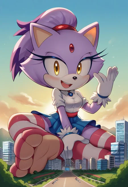 score_9, score_8_up, score_7_up, score_6_up, flat color, 1girl, solo, gloves, <lora:JensDrawings v2:1> j3n, <lora:Blaze the Cat PONYXL:0.8> blaze the cat, forehead jewel, yellow eyes, tail, topknot, purple fur, white gloves, fur trimmed gloves, white shirt, blue brooch, blue skirt, multicolored stripes thighhighs, standing, smile, vary low angle, ((macro)), ((giantess)), outdoors, ((sunshine)), ((sunny day)), ((bright light)), in the city, full body, natural round breasts, perfect face, focus on furry, shy face, wide hips, cleavage crease, (sexy perfect face), looking down at viewer, sexy, highly detailed, (cute girl), Expressiveh, perfect eyes, ((medium breasts)), long legs,giant feet, (shrunken city :1.3), (shrunken cityscape:1.3), landscape, masturbation, orgasm face, sitting, blue sky, daytime,foot focus, view from ground