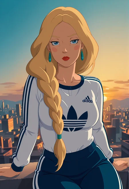 anime artwork (masterpiece, best quality), mature female, 
 <lora:nastasya:0.8> nastasya, 1girl, solo, blonde hair, long hair, blue eyes, jewelry, blush stickers, earrings, red lips, braid, single braid,  sexy, medium breast, 
adidas, black spoer wear, sitting on the roof, smocking <lora:noobai_vpred_1_masterpieces_v23:0.8> masterpiece, best quality, very aesthetic . anime style, key visual, vibrant, studio anime, highly detailed