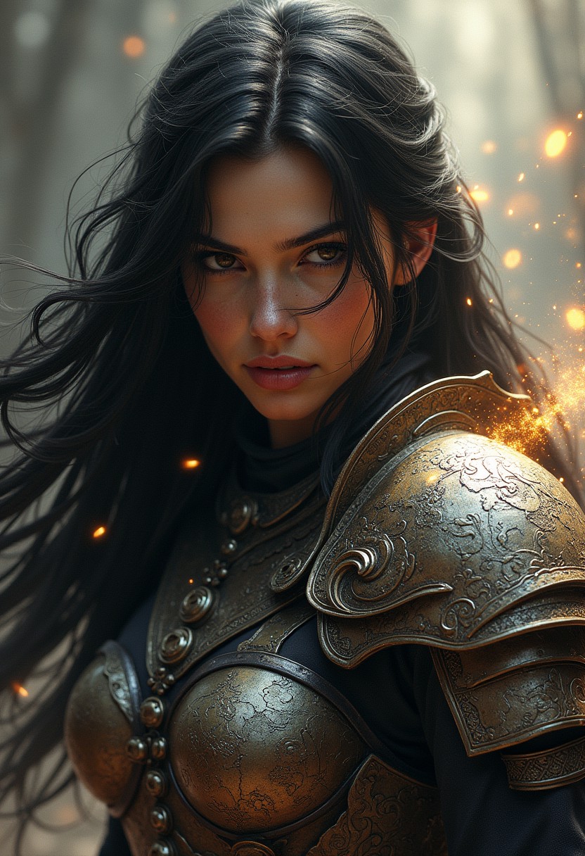 Face, fierce female warrior with long, flowing black hair, her armor heavily etched, Surrounding her is a vortex of luminous etching, casting intricate patterns of light on her armor. The scene is rendered with photorealistic detail, the lighting capturing the interplay between textures and light, 
 Dynamic pose,
