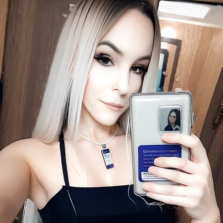 id card, a black and white photo of her face, serious look on face, with a wooden wall behind her, long hair, mirror in background, necklace, taking a selfie in a bathroom mirror with a cell phone in her hand, looking at the camera with a slight grin, black tank top, wearing black camisole, hat, wearing white shirt, wearing a black shirt, looking at the viewer with a serious look on her face