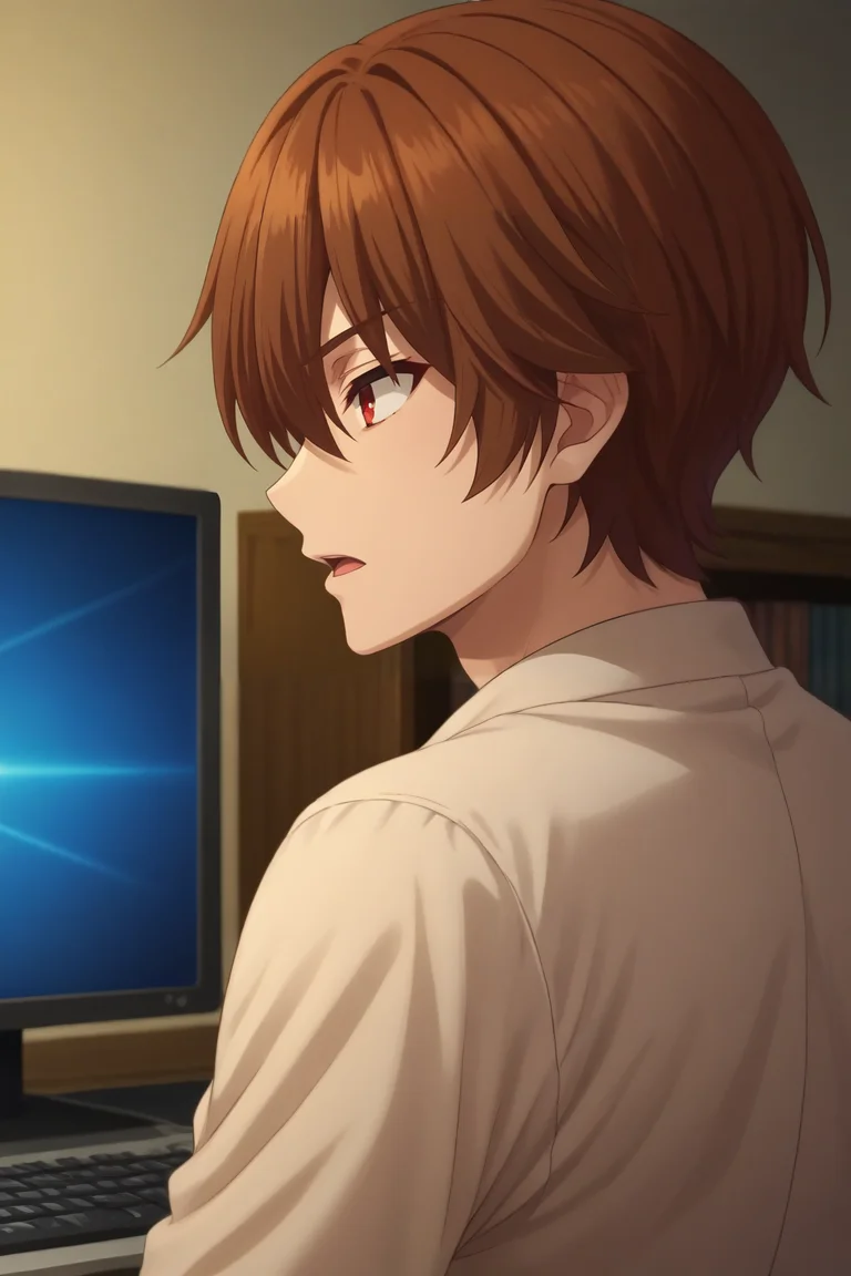 score_9, score_8_up, score_7_up, source_anime, rating_safe, intricate details, (photorealistic:0.6), , depth of field, 1boy, solo, male focus, <lora:keyaru_kaifuku_jutsushi_pony:0.98>, keyaru_kaifuku_jutsushi, brown hair, red eyes, short hair, hair between eyes, bangs, , , profile, bedroom, computer monitor, dusk, (pose), open mouth, , <lora:sdxl_lightning_8step_lora:1>