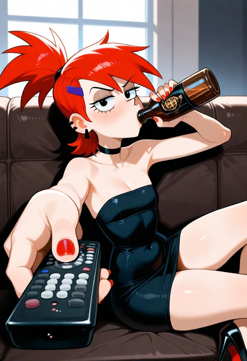 masterpiece, best quality, newest, highres, absurdres,
source_cartoon, Foster's Home for Imaginary Friends, Frankie Foster,
dress, cleavage, bare shoulders, earrings,nail polish, black footwear, black eyes, black dress, high heels, strapless, covered navel, short dress, strapless dress, red nails ponytail, black eyes, red hair, flat chest, petite body, shortstack,
sitting, holding bottle, holding remote control, controller, on couch, drinking, looking at viewer, food