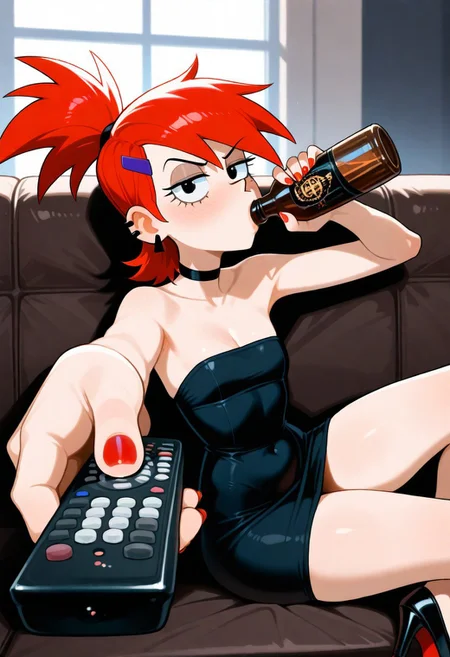 masterpiece, best quality, newest, highres, absurdres, 
source_cartoon, Foster's Home for Imaginary Friends, Frankie Foster, 
dress, cleavage, bare shoulders, earrings,nail polish, black footwear, black eyes, black dress, high heels, strapless, covered navel, short dress,  strapless dress, red nails ponytail, black eyes, red hair, flat chest, petite body, shortstack,
 sitting, holding bottle, holding remote control, controller, on couch, drinking, looking at viewer, food