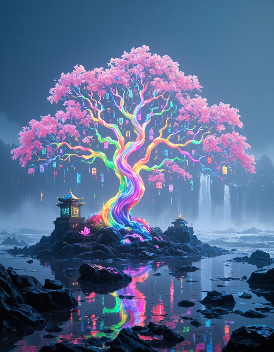 <lora:CWMinis01v2flux:1> cw01mini, hologram tree, colorful, chinese, chinese temples, glowing kanji, glow, illuminated, day, low angle shot, photo, mist, blue sky, sunny day, glowing runes, wet, reflections, rough sea, waves, rocks, waterfall