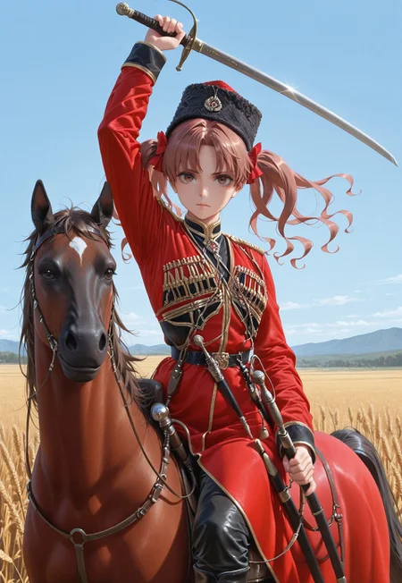 masterpiece, best quality, amazing quality, absurdres, k4z4k, black fur hat, red coat, black shirt, sheath, sword, military uniform, dagger, black boots, one girl, shirai kuroko, brown eyes, brown hair, long hair, twintails, hair bows, red bow, parted bangs, holding sword, hand up, arm up, horse, riding, horseback riding, cowboy shot, rural, wheat, blue sky, looking at viewer, dynamic pose,
