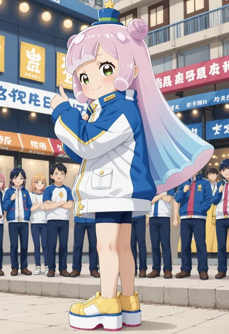<lora:Hyper-SDXL-8steps-lora:1> <lora:Fixhands_anime_bdsqlsz_V1:1> zPDXL2, score_9, score_8_up, score_7_up, source_anime, intricate details, perfect anatomy BREAK
outdoors, city, tokyo, japan, audience, crowd, standing ,thumbs up, from side, looking at viewer, head tilt, Confident, Eyes that meet the viewer directly, a slight smile, and a relaxed posture., 1girl, solo, solo focus,
<lora:PKS-puniru_XL(pony)v10t:1> puniru \(puniru wa kawaii slime\), pink hair, blue hair, multicolored hair, double bun, long hair, green eyes, mini hat, jacket, black bike shorts, yellow shoes, platform footwear,