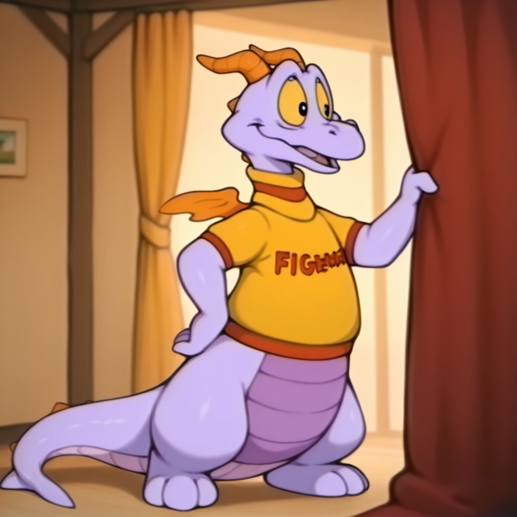 masterpiece, best quality, amazing quality, Figmentdrgnil, semi-anthro, dragon, purple skin, black eyes, yellow sclera, orange horns, orange wings, yellow shirt with red trim,  standing, inside, solo, full body
