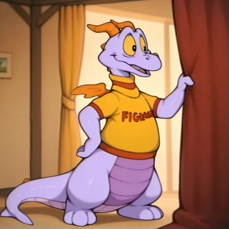 masterpiece, best quality, amazing quality, Figmentdrgnil, semi-anthro, dragon, purple skin, black eyes, yellow sclera, orange horns, orange wings, yellow shirt with red trim, standing, inside, solo, full body