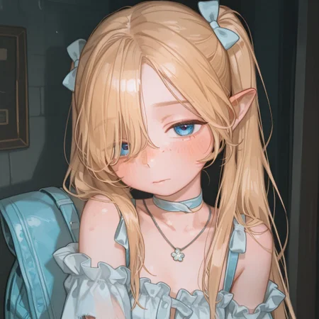 high detailed, high quality, masterpiece, best quality, very awa, absurdres, detailed eyes, detailed face, detailed skin, anime, cinematic light, colorful, portrait, BREAK, 1girl, KPB-Illu, solo, cute, pretty, petite, blue eyes, blonde hair, hair over eye, choker, freckles, half closed eyes, blush, looking at viewer, bare shoulders, collarbone, frilled sleeves, necklace, lingerie, hair bow,  torn clothes, twintails, blonde hair, frills, backpack, looking at viewer,  (marcille_donato:0.7), possmach, artist:henreader, artist:ciloranko, (artist:sho \\(sho lwlw\\):0.75), (tianliang duohe fangdongye:0.7),