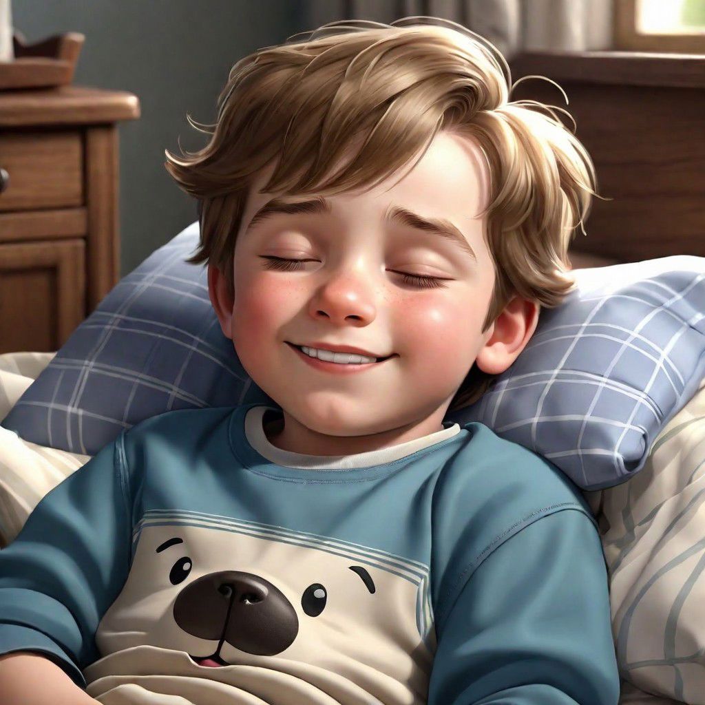 boy who looks sleepy but also happy realistic