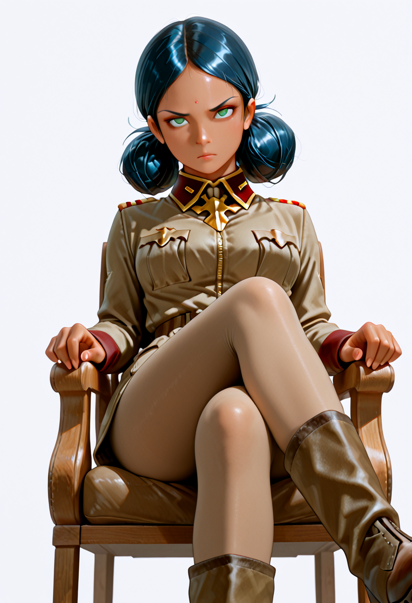 IllusP0s, masterpiece, best quality, amazing quality, very aesthetic, absurdres, newest, (detailed eyes:1.4),((ultra detailed hair:1.4)),((Dynamic Angle))
BREAK
1girl, solo, L4l4h_Sun3, <lora:Lalah_Sune_-_100percent_-_manga02:1>, Bun Hair, green eyes, Dark blue hair, Brown Skin.bindi
((Light brown military uniform)), Light brown tights, Brown boots
BREAK
((blank background)) , white background, ((upper body)),straight-on
Glaring, officer's chair, sitting on a chair, crossing legs, from below,looking at viewer
