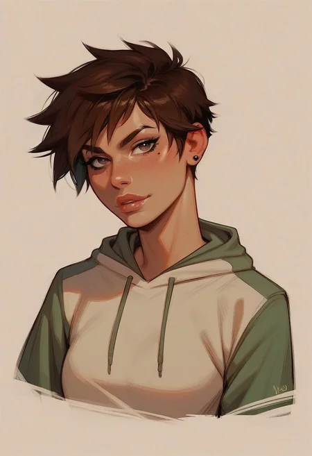 score_9, score_8_up, score_7_up,   confident,   solo, hoodie, pants, short, brown hair,  (big lips:0.8), sassy, tomboy, 1girl, cropped hoodie