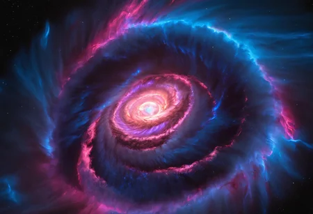 a dynamic and breathtaking image of the universe with vibrant colors and dramatic lighting. Show a swirling nebula in the foreground with bright, intense hues of blue, purple, and pink. In the background, depict a distant galaxy with spiraling arms and scattered stars. Include a supernova explosion, radiating brilliant light, and a mesmerizing black hole at the center, with cosmic debris swirling around it. Add a hint of distant planets and asteroids to create a sense of scale and depth. Make the entire scene feel alive and constantly in motion.