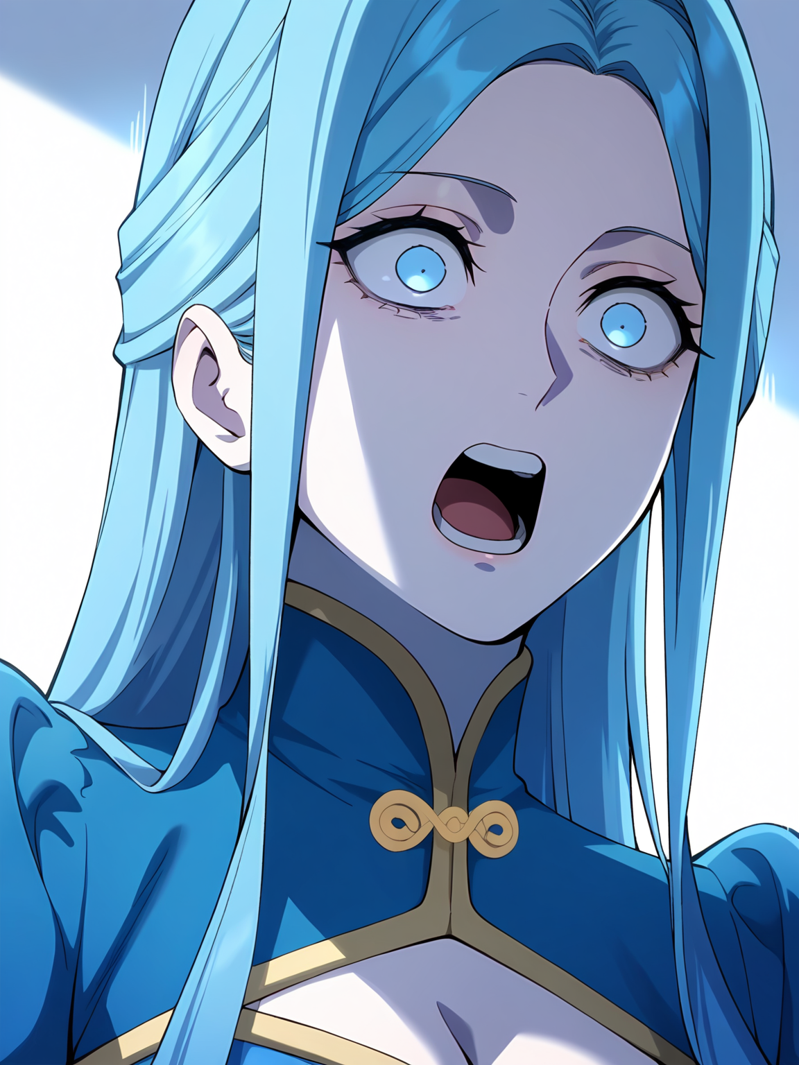 <lora:Alicia:0.8>, alicia, 1girl, solo, long blue hair, long sidelocks, blue eyes, pale skin, cleavage cutout, long blue dress, blue high collar, blue puffy sleeves, gold trim, shocked, scared, wide eyes, slightly open mouth, low angle, looking forward, portrait, white background, pale lighting