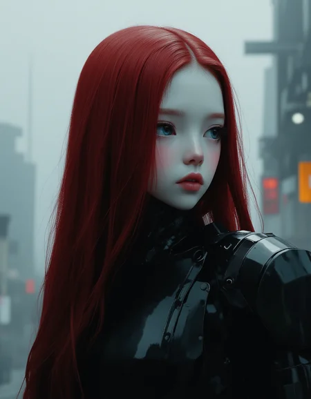 Cinematic photo of of a tween android robot girl wearing dark armor limping through a foggy cyberpunk city. She has delicate, angular features and luminous, almost ethereal white porcelain skin. Her large, almond-shaped eyes are a striking shade of flame blue, framed by long lashes. She has sleek, waist-length hair, silken and red, cascading in gentle waves down her back. She has a petite body. She looks like a fashion model. Focus on the girl, shadow and light, Masterpiece, intricate lines, intriguing atmosphere, sharp magnificent details, delicate features, elaborate details, (2/3 rule composition:0.5), ultra detailed, romantic, Rembrandt lighting, brush stroke, lovely, del1cate_balance style, novuschroma, in the style of Rembrandt. vantablack <lora:style_of_Rembrandt_FLUX_135:.8> <lora:- Flux1 - vanta_black_V2.0:.6> <lora:Delicate_Balance:.3> <lora:neeeg_f1:-1> <lora:113_novuschromaFLX_1:.3> <lora:Midjourney_Whisper_Minimal:.4> <lora:SCI_FACTOR_COREV2:.9>