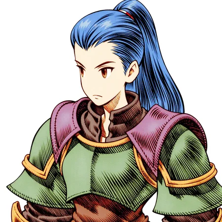 a fftstyle drawing of a female warrior with blue hair and a fierce expression on her face. She is wearing a green and purple armor with intricate designs and patterns. The armor is made up of a combination of green, purple, and gold colors
