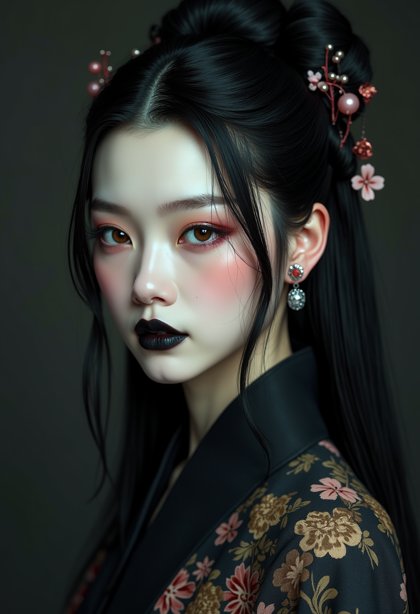 cinematic photo A highly detailed, realistic digital painting of a Chinese Zixia Fairy woman 28yo with a pale complexion, dark straight hair in an elegant updo with a few loose strands framing her face, intricate makeup , deep black lips, wearing a high-collared garment with floral patterns in a dark, muted palette, against a dark gradient background, emphasizing her enigmatic and mystical aura,, high resolution, rich textures, and contemplative mood. Dark makeup,
. Her eyes are a deep piercing and  brown
<lora:FluxMythP0rtr4itStyle:0.5> mythp0rt . 35mm photograph, film, bokeh, professional, 4k, highly detailed