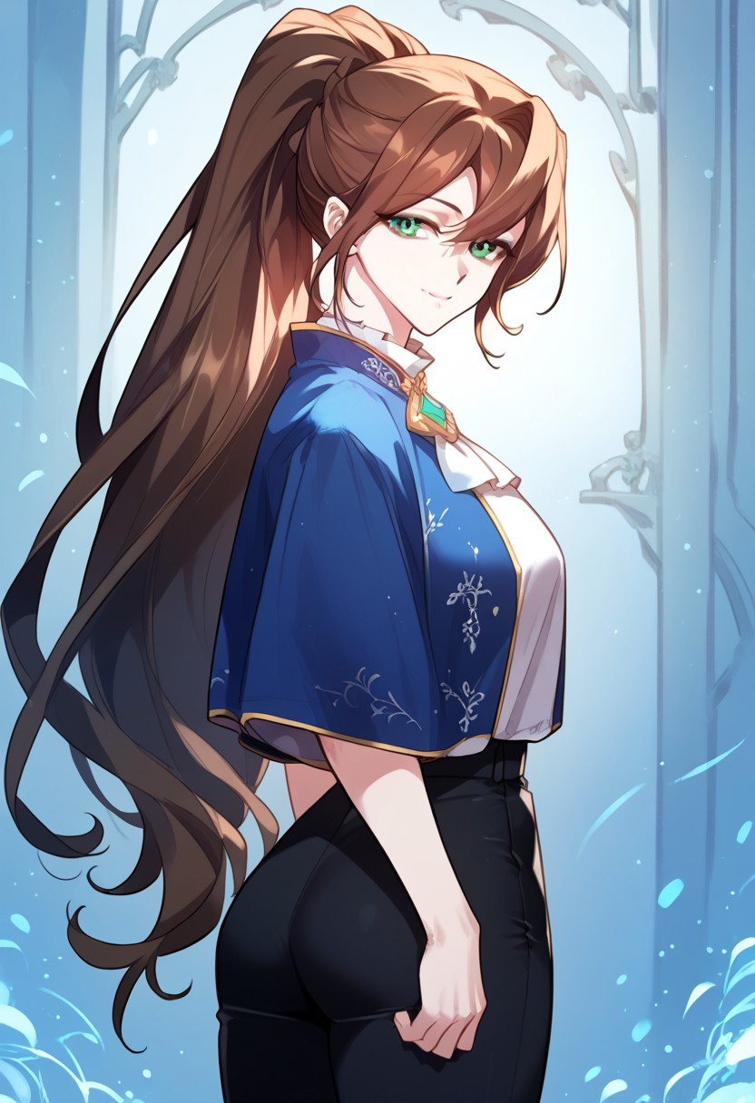 zPDXL3, score_9_up, score_8_up, score_7_up, (Anime_source), 1girl, Arcia, green eyes, brown hair, long hair, ponytail, black pants, Servant clothes, looking at viewer, particles, smile, closed mouth, cowboy shot, from side