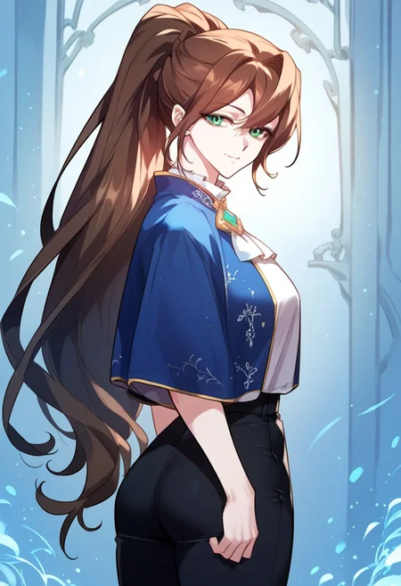 zPDXL3, score_9_up, score_8_up, score_7_up, (Anime_source), 1girl, Arcia, green eyes, brown hair, long hair, ponytail, black pants, Servant clothes, looking at viewer, particles, smile, closed mouth, cowboy shot, from side