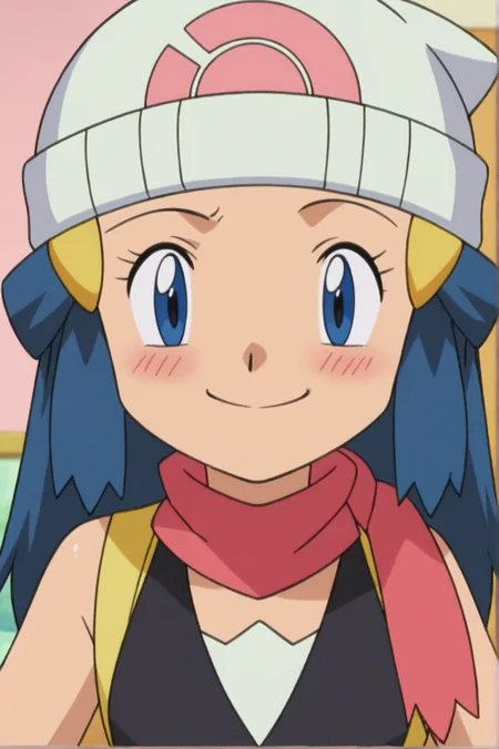 score_9, score_8_up, score_7_up,anime_source, source_anime, best background, detailed background, anime screencap, Dawn, Main outfit, indoors, blush, smug, dynamic angle, dynamic pose, upper body, smile, happy, <lora:Dawn:0.8>