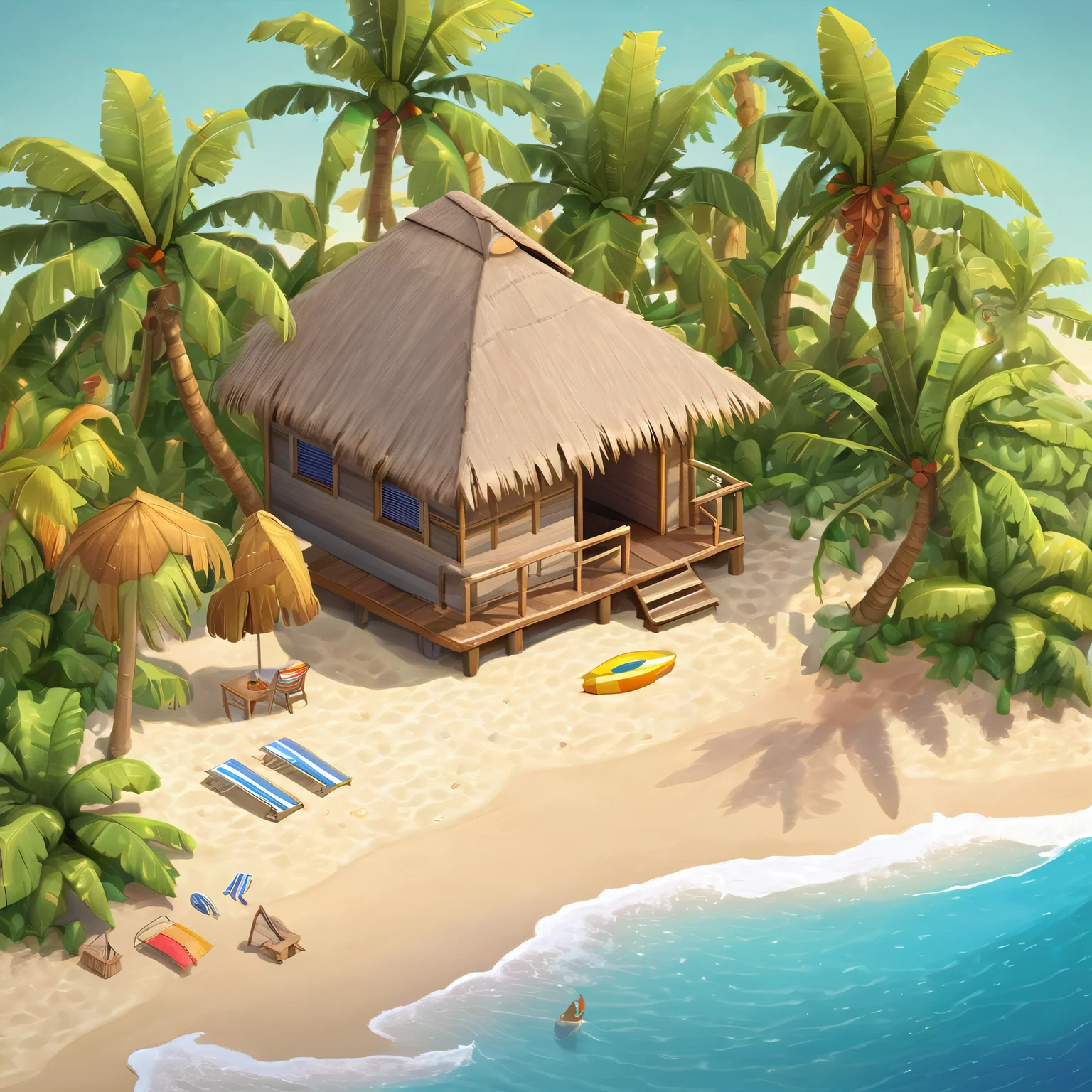 ((masterpiece, best quality)), absurdres, Isometric_Setting, highly detailed, Isometric_Setting, tropical beach and palm trees, tiny hut, ocean in background, <lora:Stylized_Setting_SDXL:0.8>