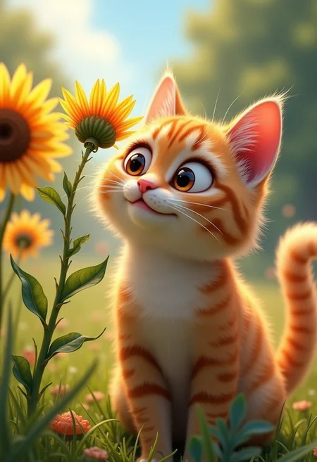 This photo shows a cat. She is very beautiful: she has shiny fur, expressive eyes and a fluffy tail. Summer is the time of flowering. The cat became interested in one of the flowers and came up to smell it. Perhaps she wants to taste it or is simply studying a new smell. Pixar