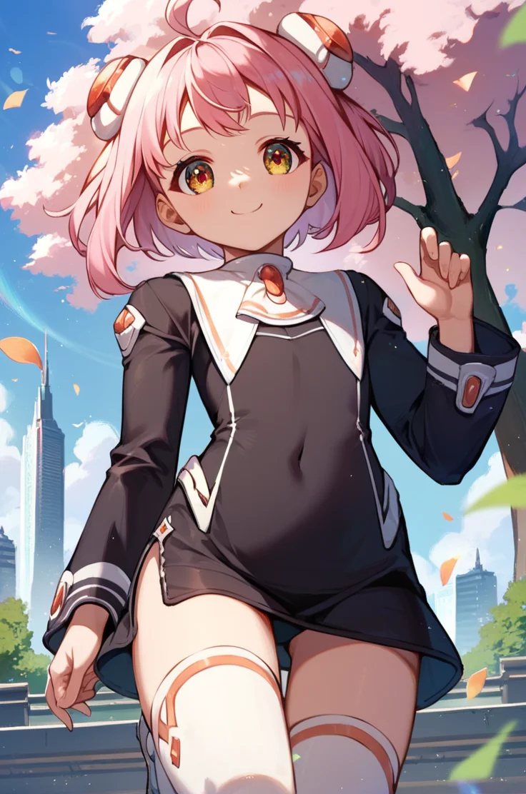 score_9, score_8_up, score_7_up, very aesthetic, source_anime, detailed, high quality, beautiful, masterpiece, detailed eyes,
city view, sakura tree,
cowboy shot, close up, dynamic angle,
flat chest, smile,
<lora:momo1_autismConfetti_v01:0.95>
m.o.m.o., 1girl, pink hair, short hair, hair ornament, ahoge, brown eyesblack dress, short dress, white thighhighs, zettai ryouiki, white footwear, long sleeves,, zPDXL