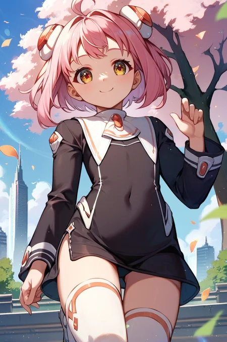 score_9, score_8_up, score_7_up, very aesthetic, source_anime, detailed, high quality, beautiful, masterpiece, detailed eyes,
city view, sakura tree,
cowboy shot, close up, dynamic angle,
flat chest, smile,
<lora:momo1_autismConfetti_v01:0.95>
m.o.m.o., 1girl, pink hair, short hair, hair ornament, ahoge, brown eyesblack dress, short dress, white thighhighs, zettai ryouiki, white footwear, long sleeves,, zPDXL